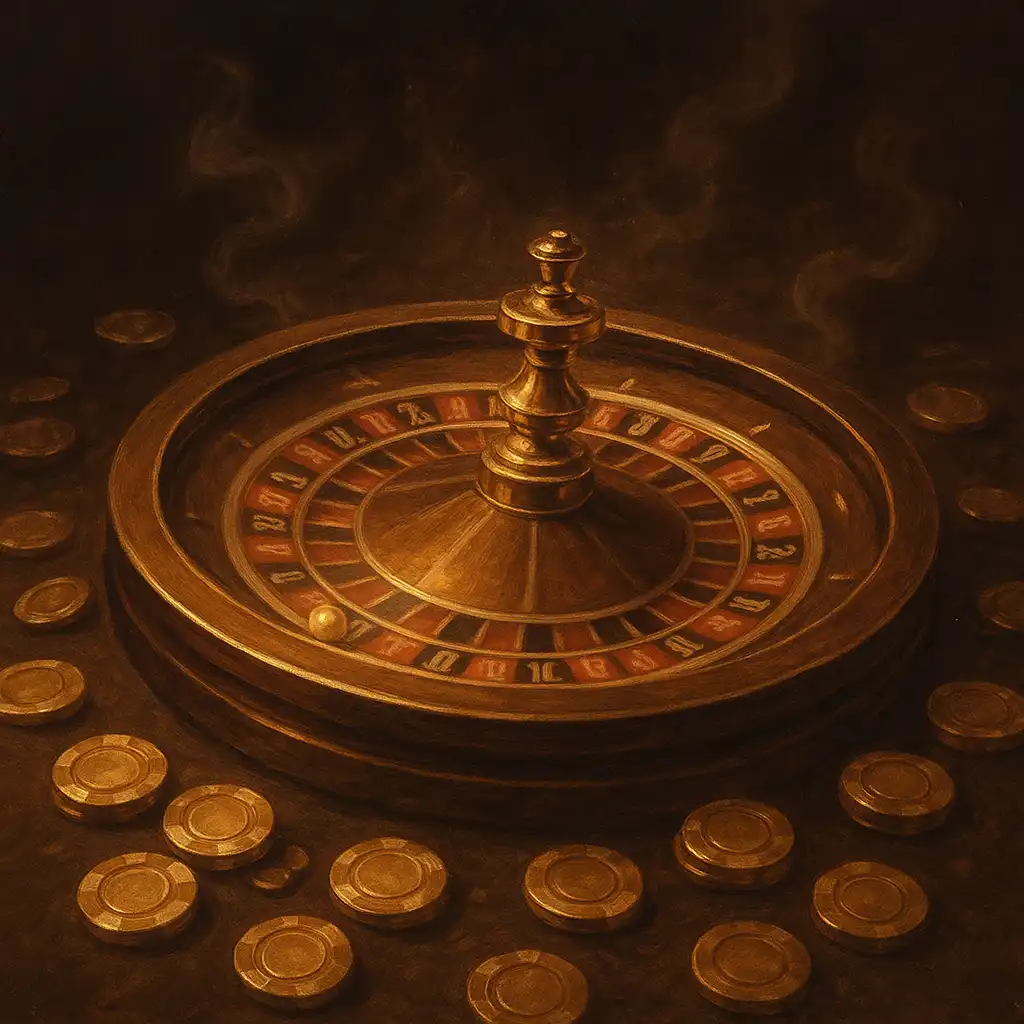 Vintage club style illustration of a roulette wheel and gold chips at DriftBet Casino